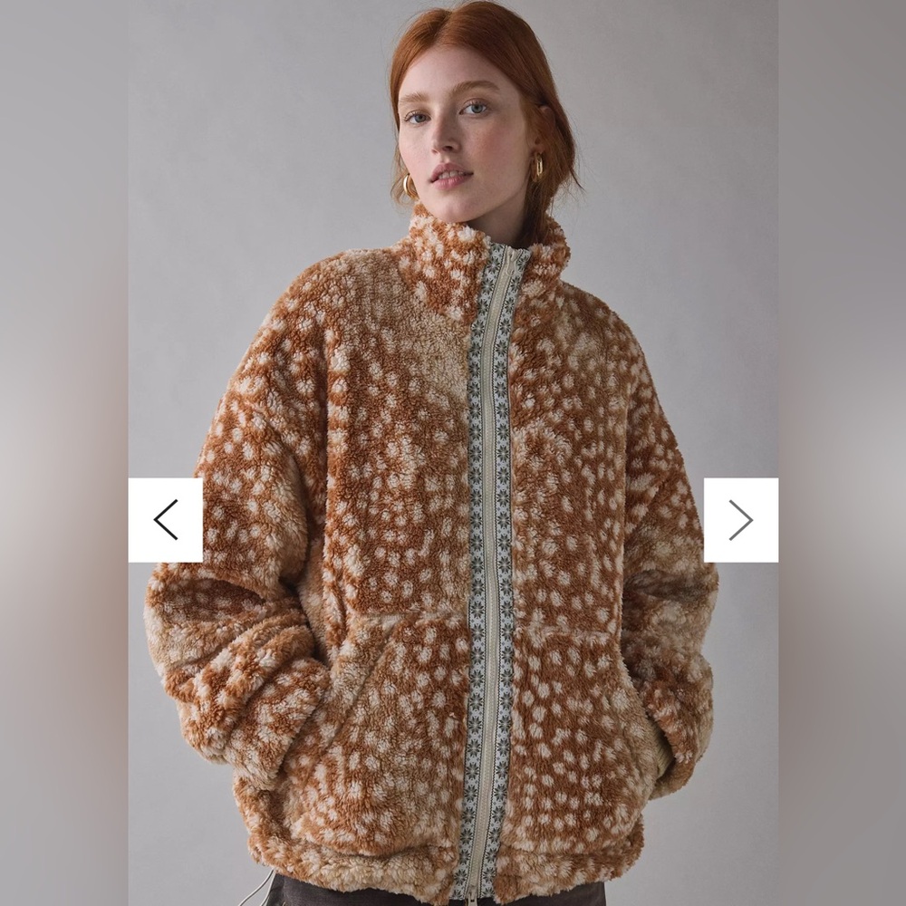 NWOT BDG Mae Printed Piled Fleece Zip-Up Jacket | Large | Color: Fawn Print - Picture 2 of 7